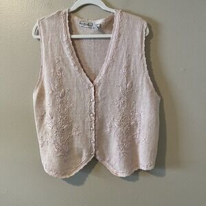 Vtg Sweater Knit Vest Pink Bead Embroidery Grandma Pearl Boho XL Floral Cottage